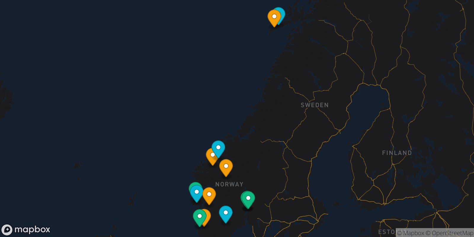 Map showing 14 destinations