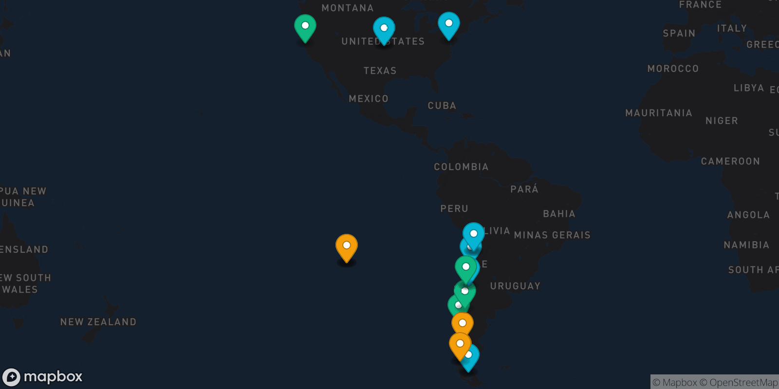 Map showing 19 destinations