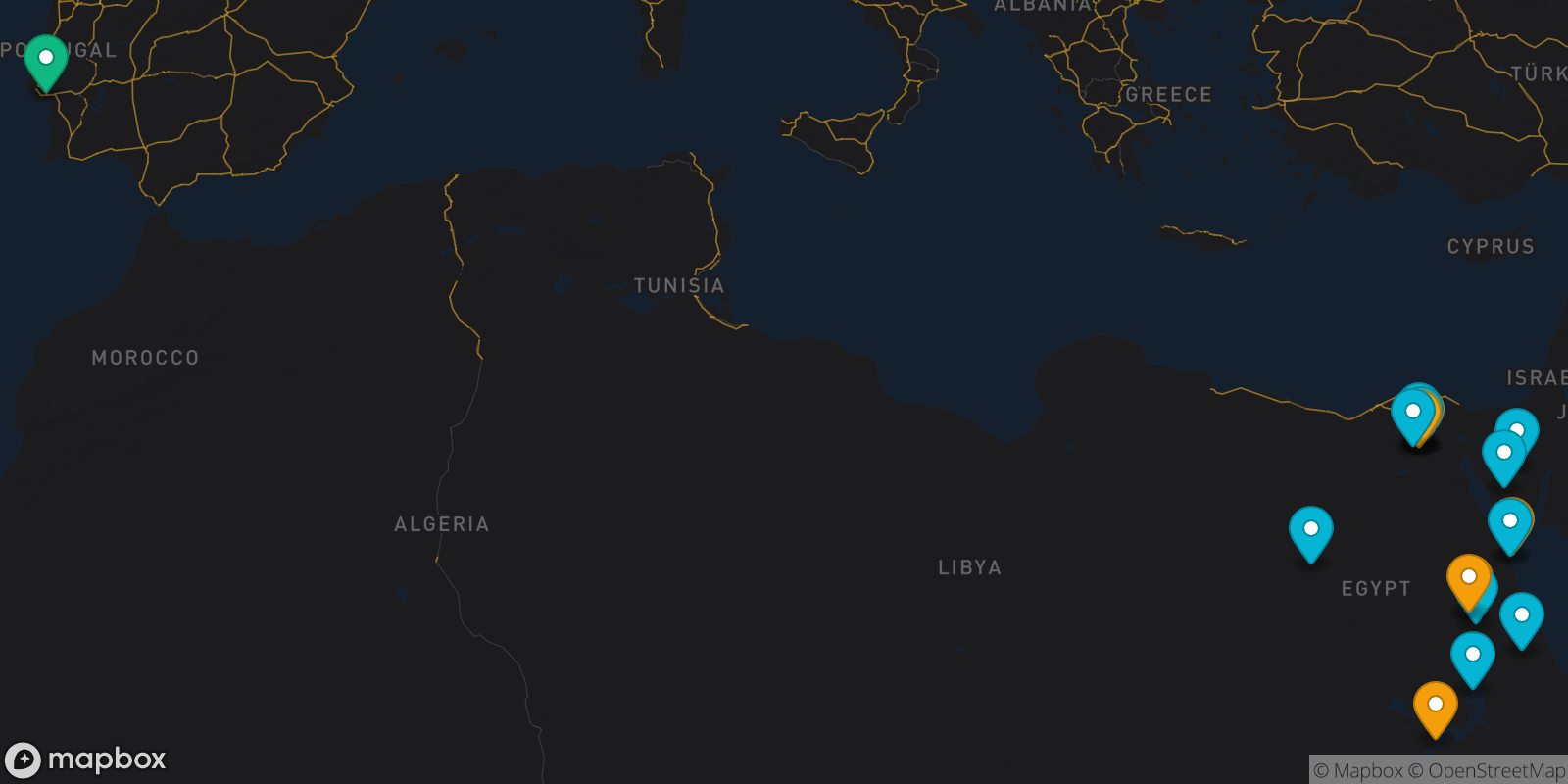 Map showing 18 destinations