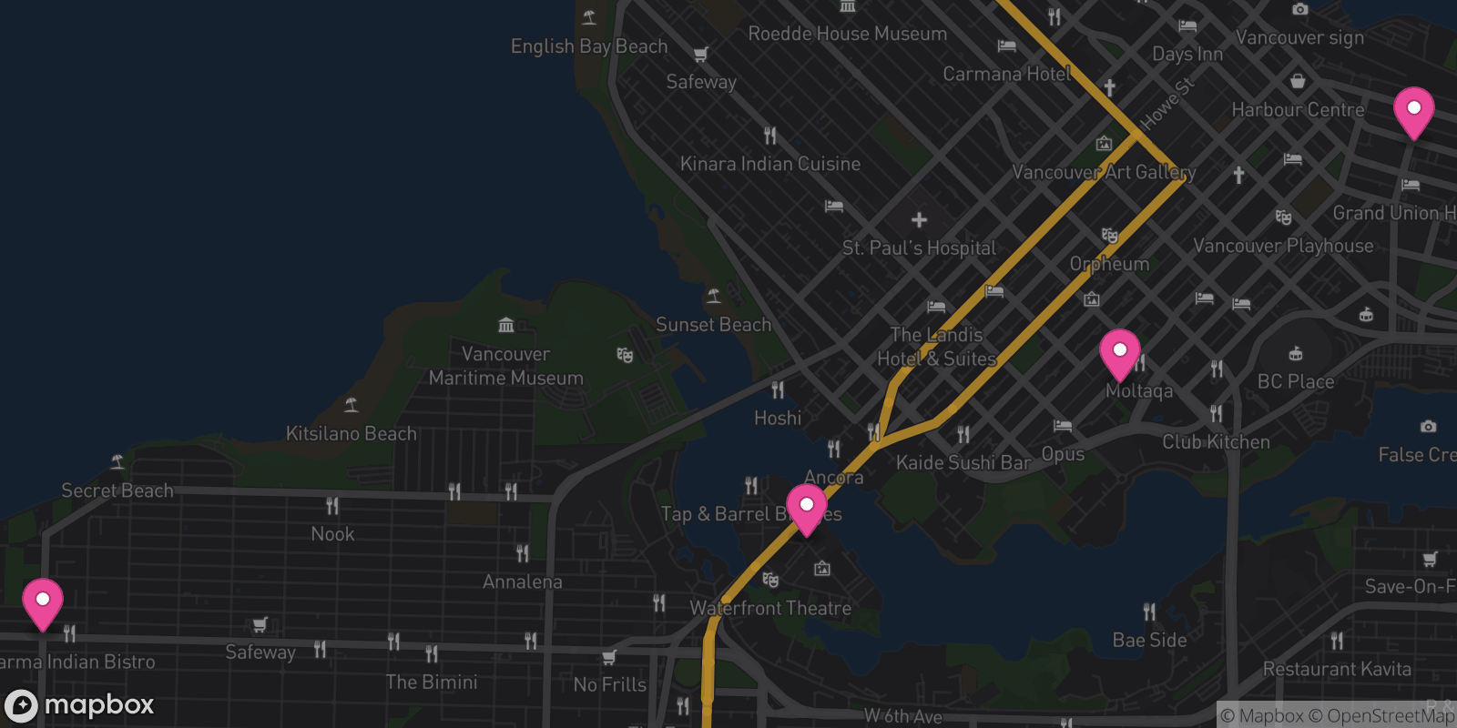 Map showing 4 destinations