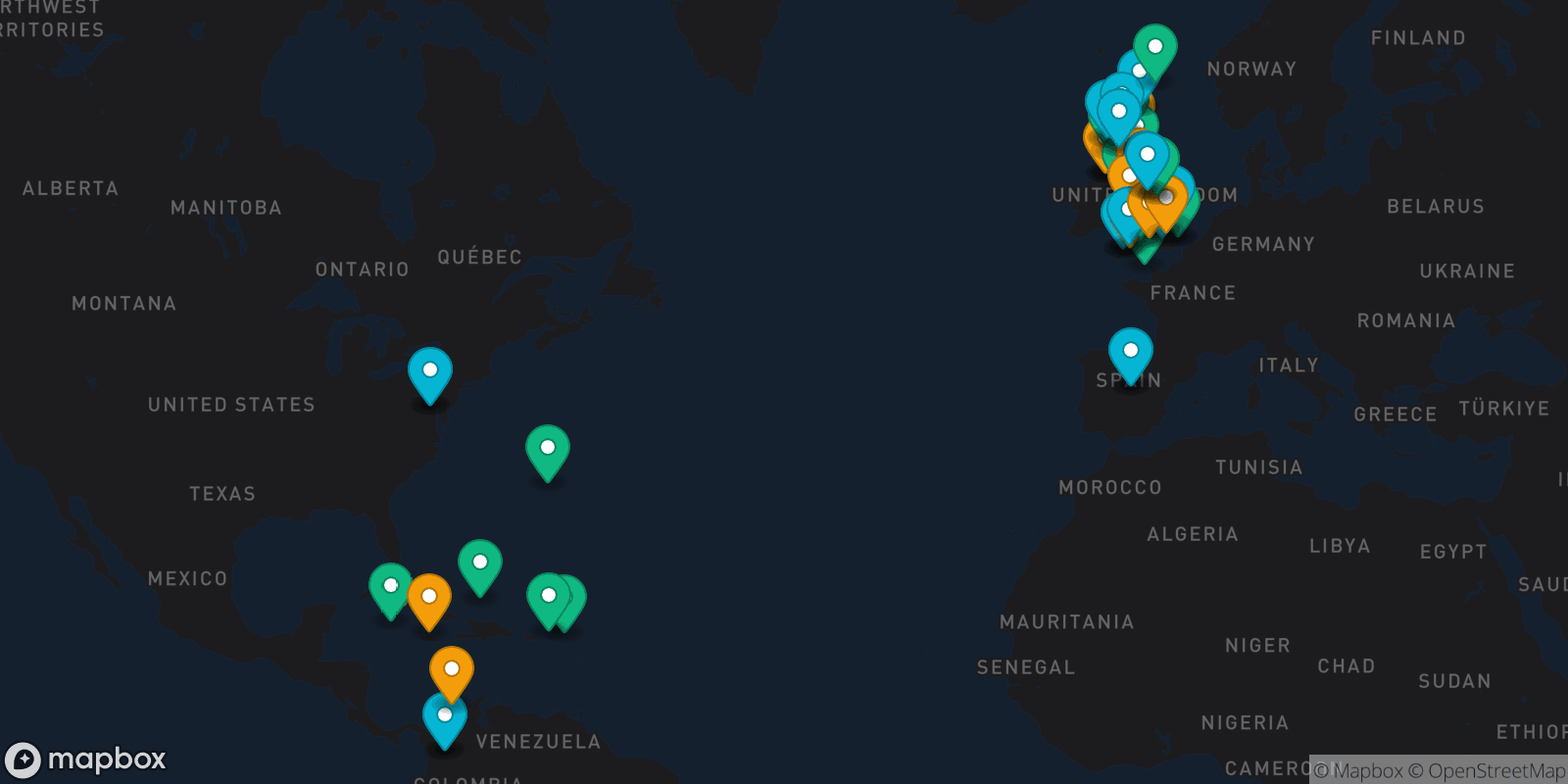 Map showing 57 destinations