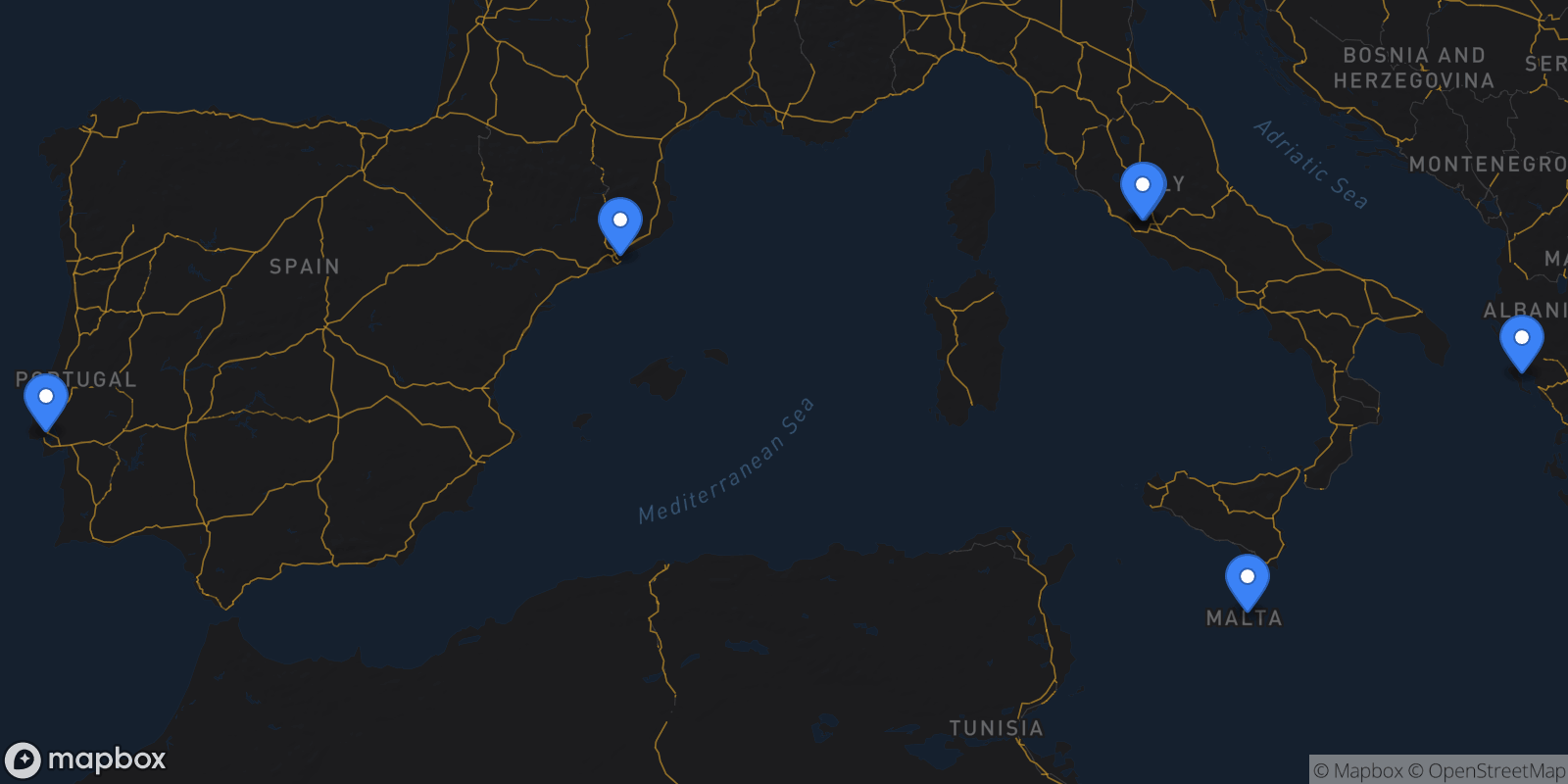 Map showing 6 destinations