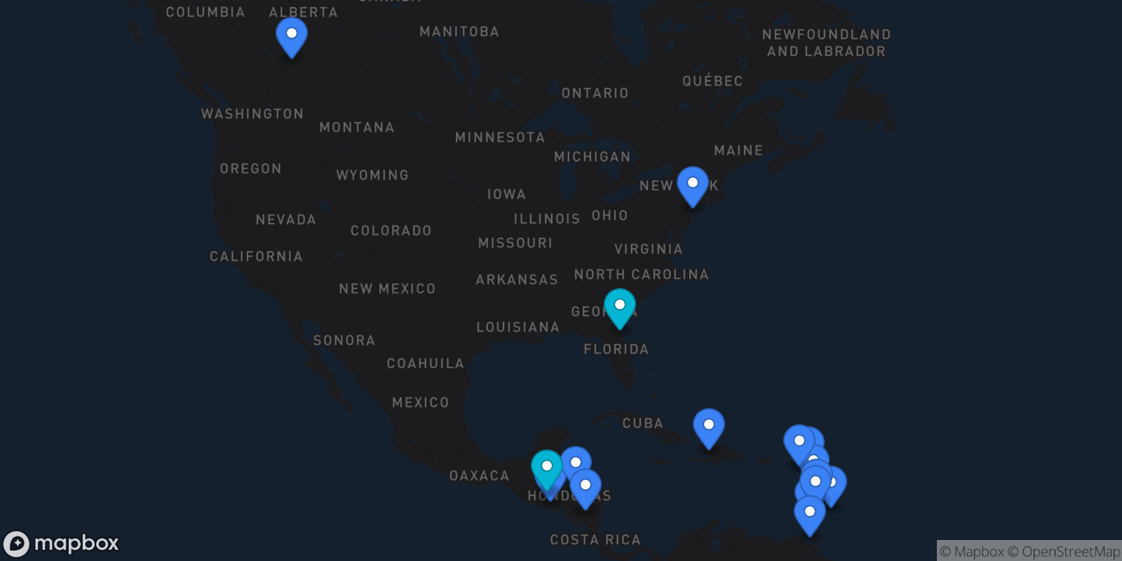 Map showing 16 destinations