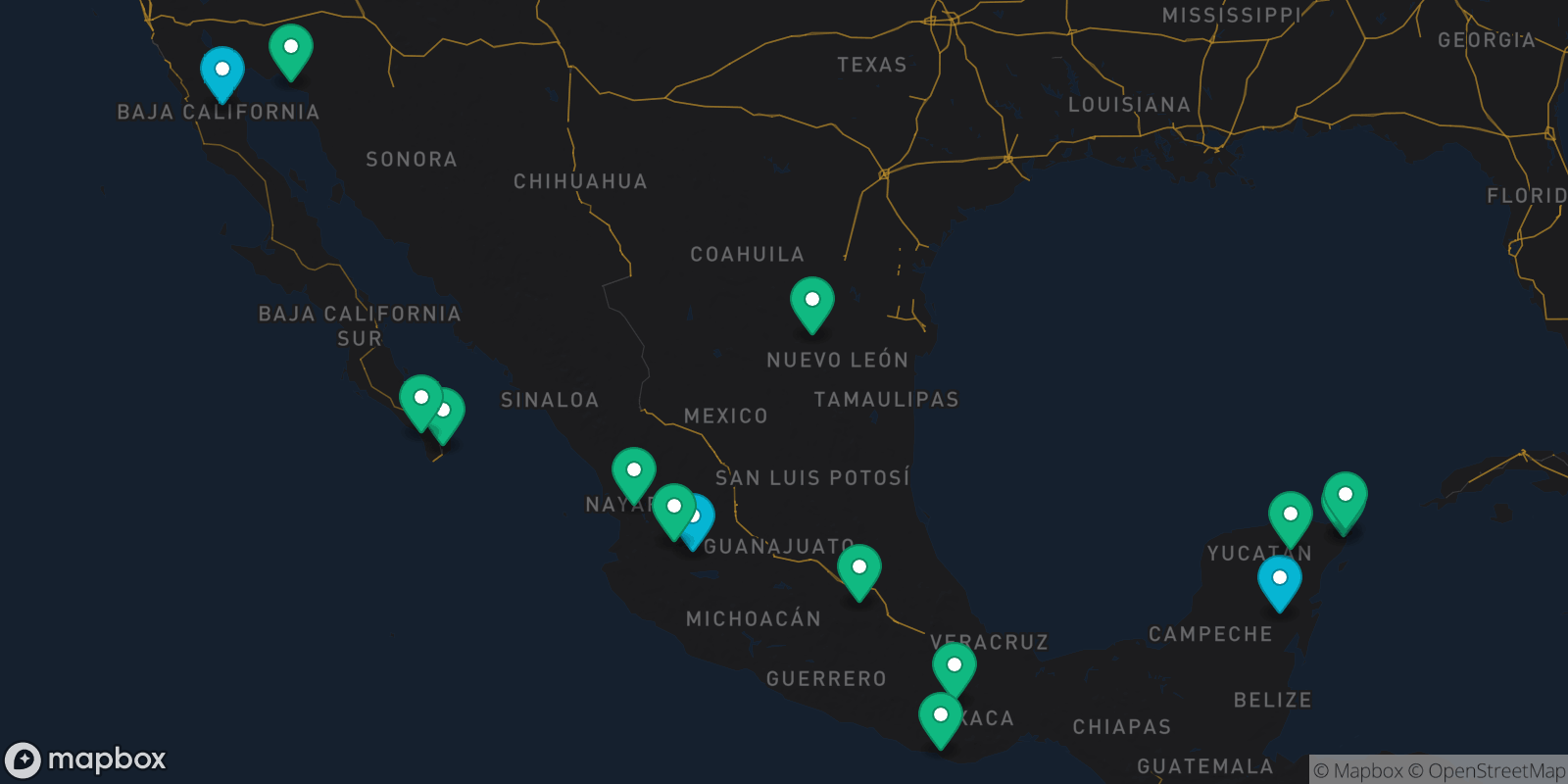 Map showing 15 destinations