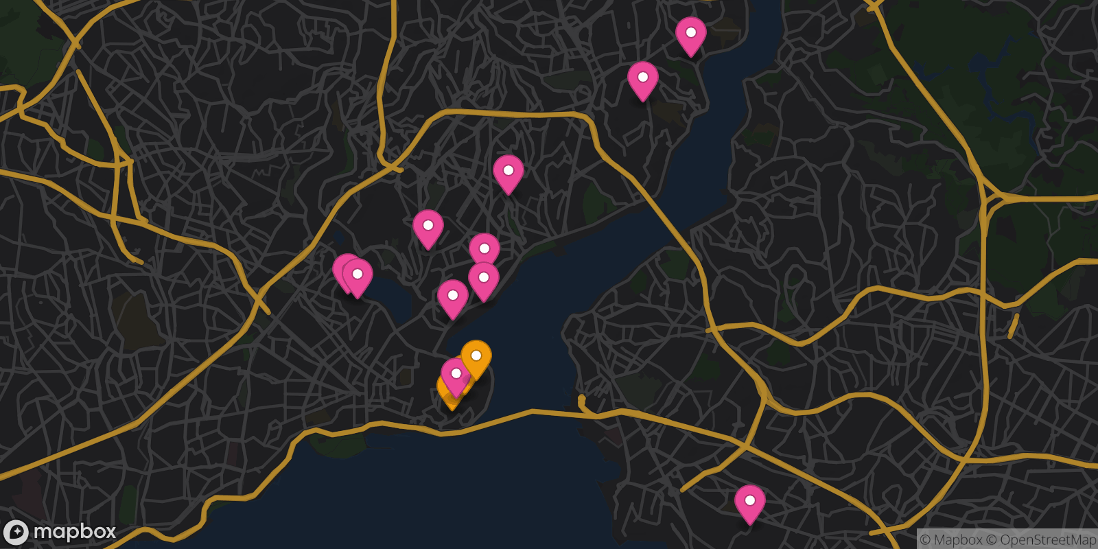Map showing 14 destinations