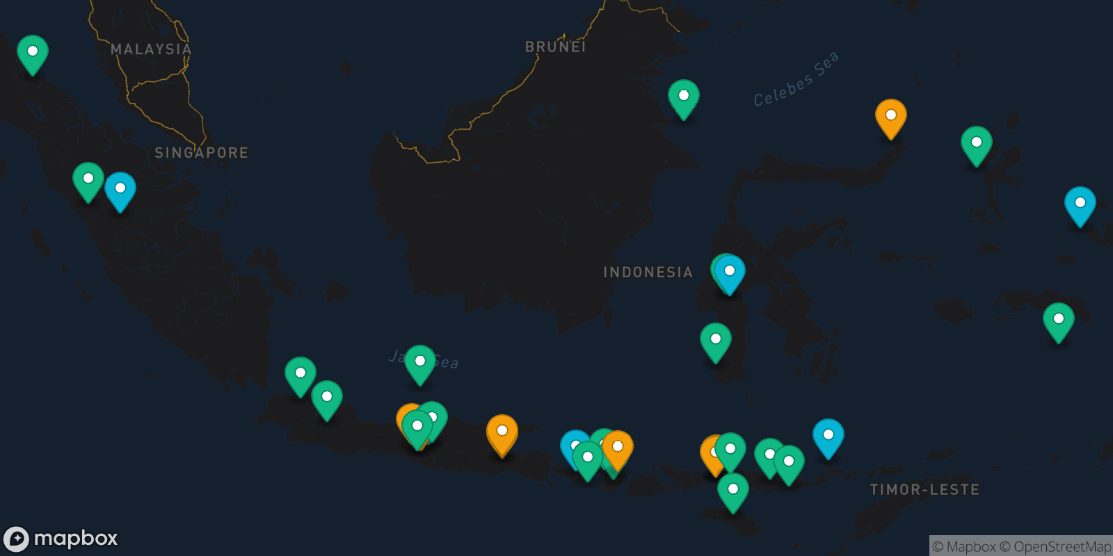 Map showing 34 destinations