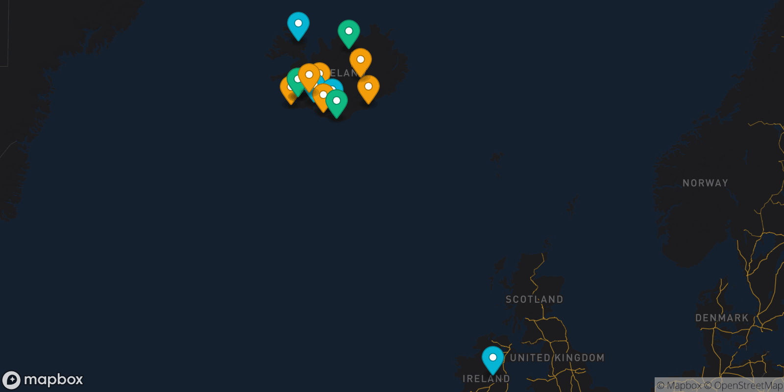 Map showing 14 destinations