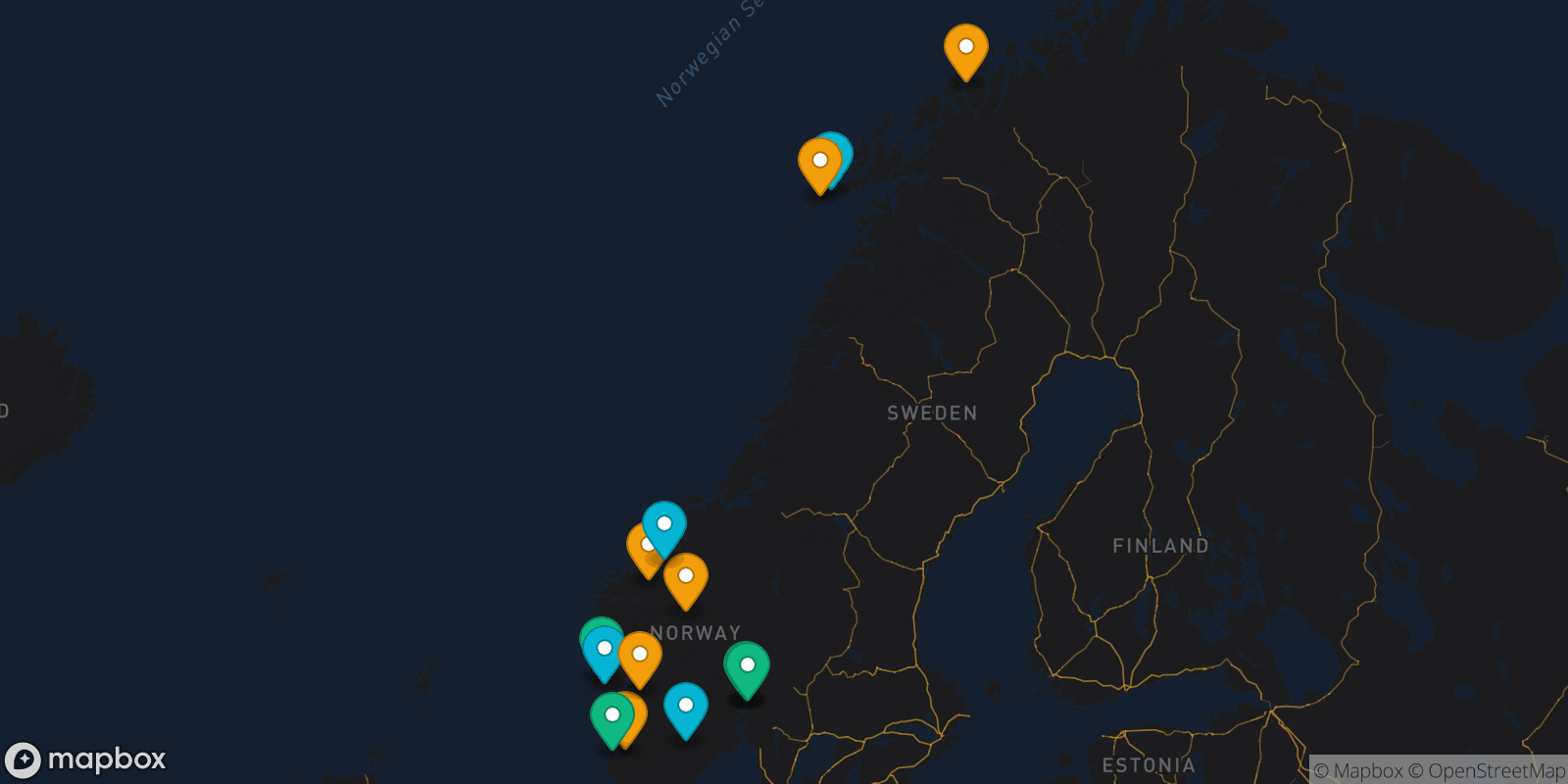 Map showing 15 destinations