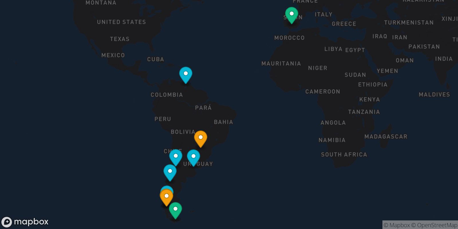 Map showing 10 destinations