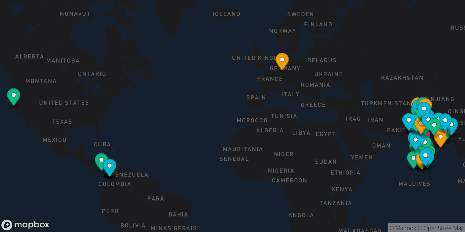 Map showing 79 destinations