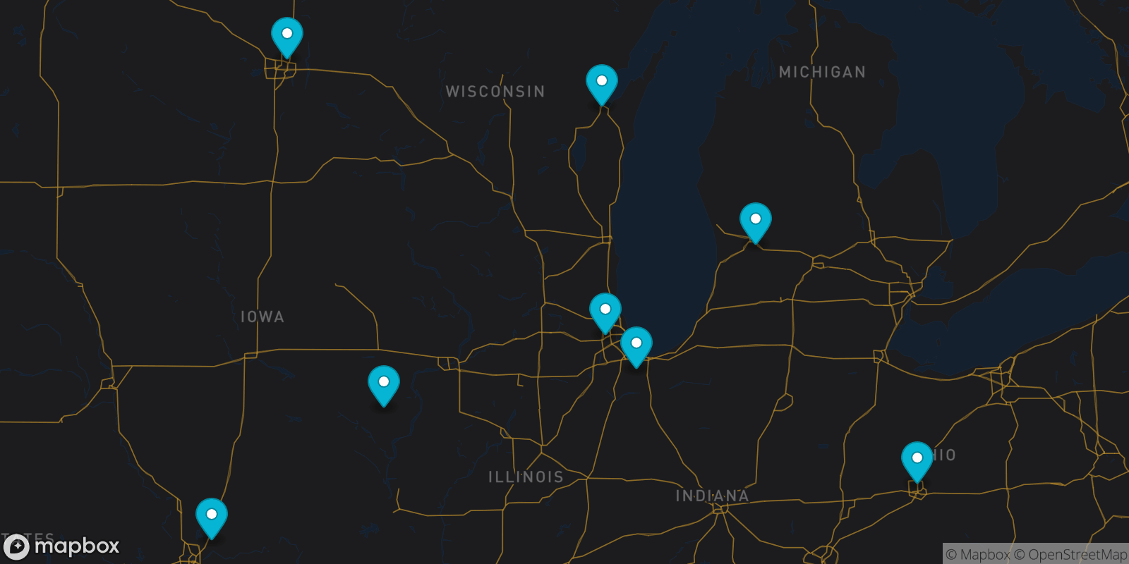 Map showing 8 destinations