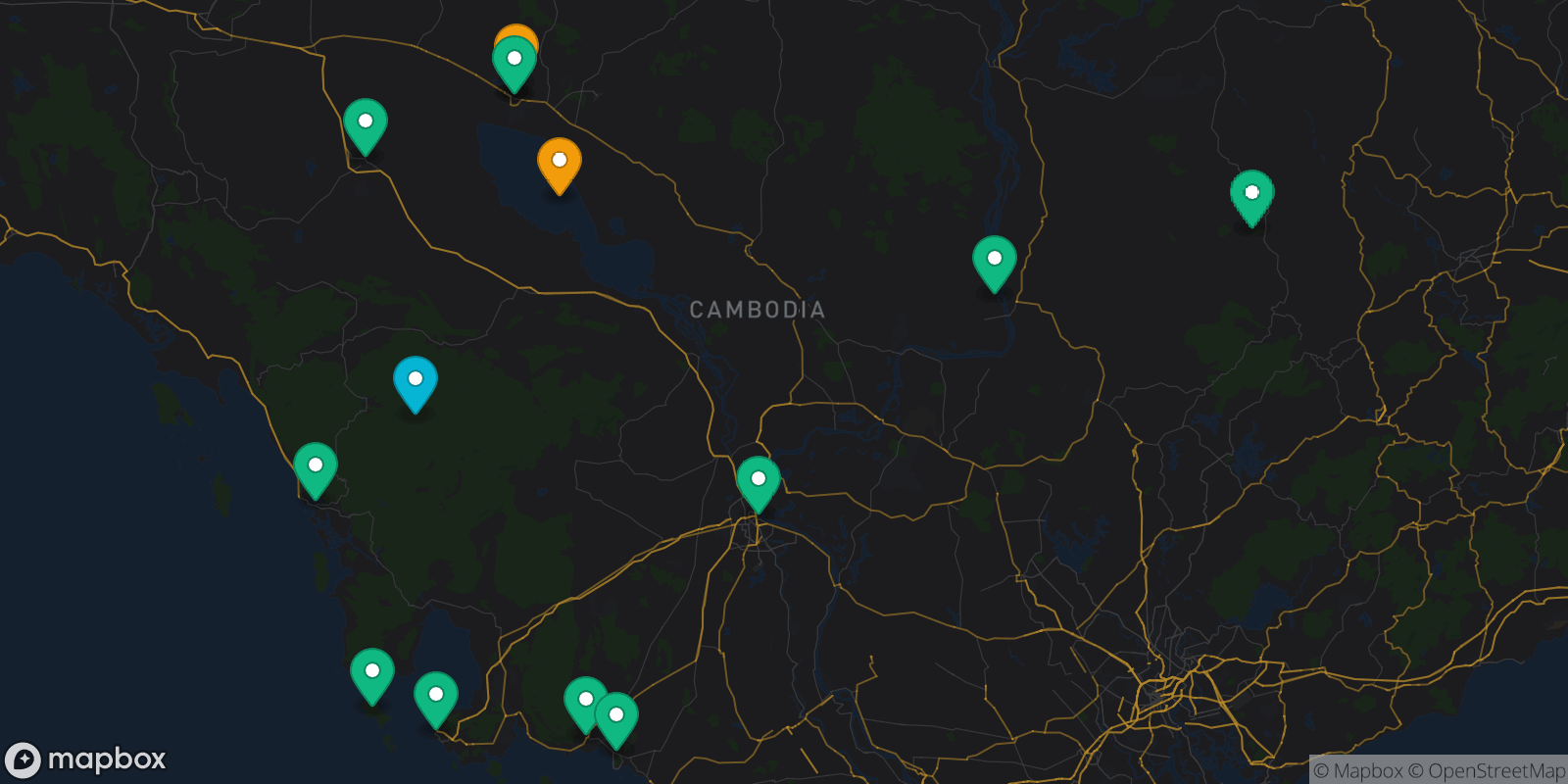 Map showing 14 destinations