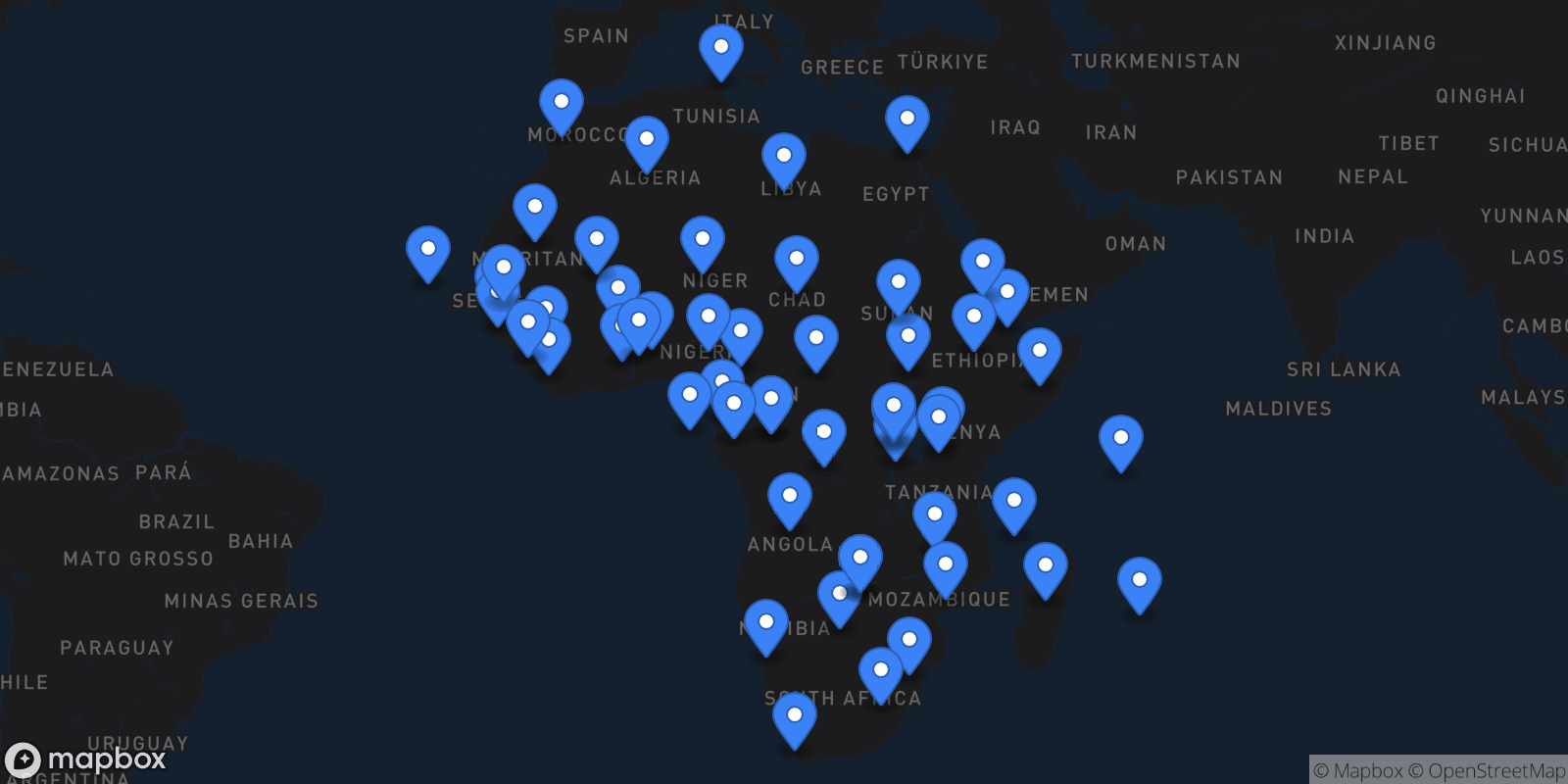 Map showing 54 destinations