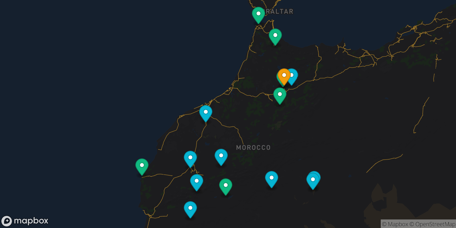 Map showing 16 destinations