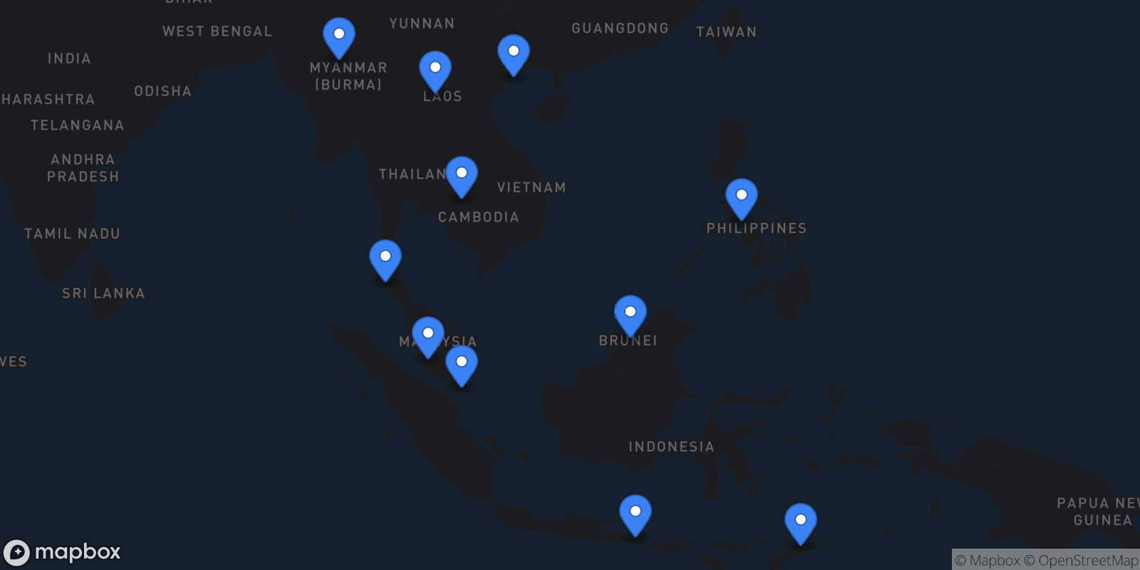 Map showing 11 destinations