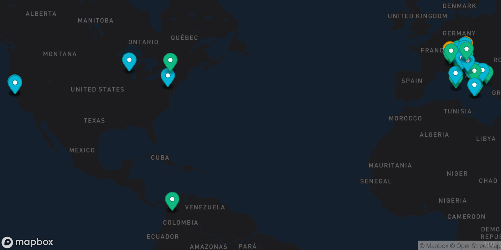 Map showing 55 destinations
