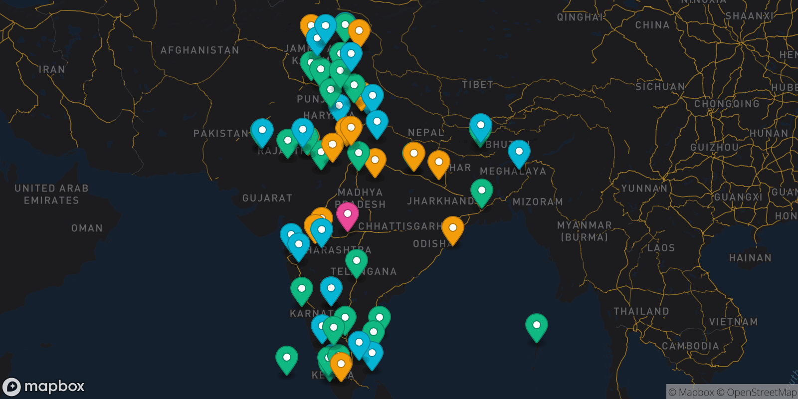 Map showing 62 destinations