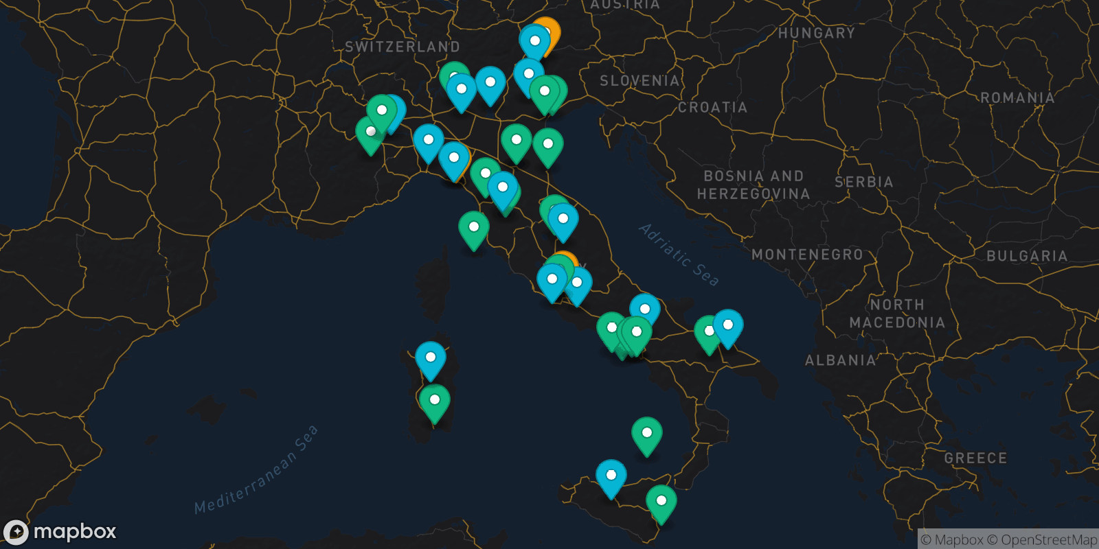 Map showing 45 destinations