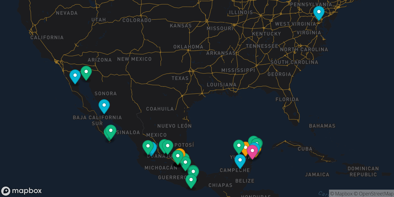 Map showing 38 destinations