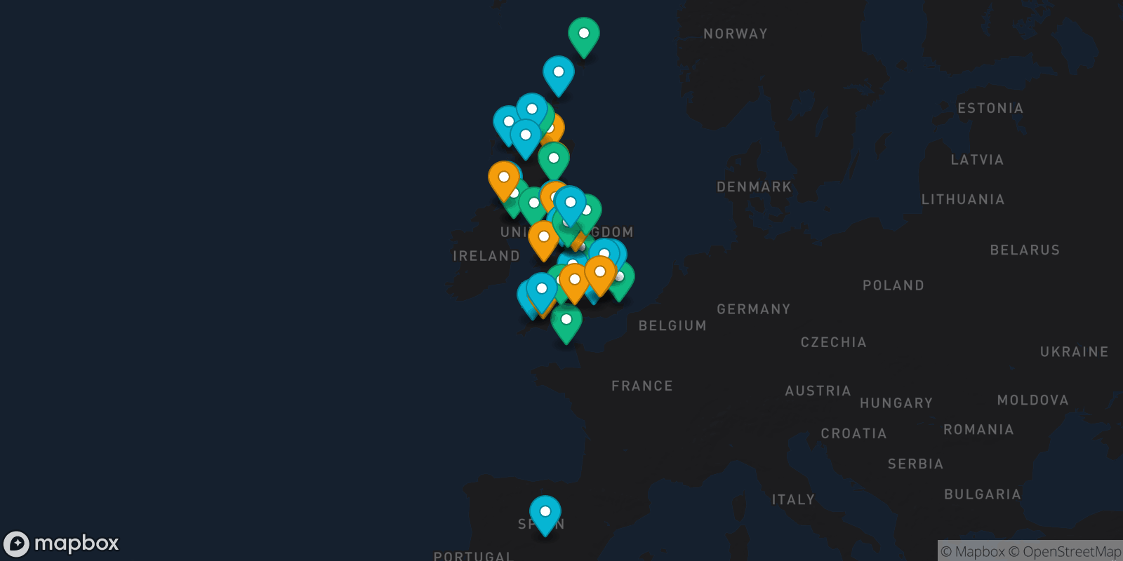 Map showing 42 destinations