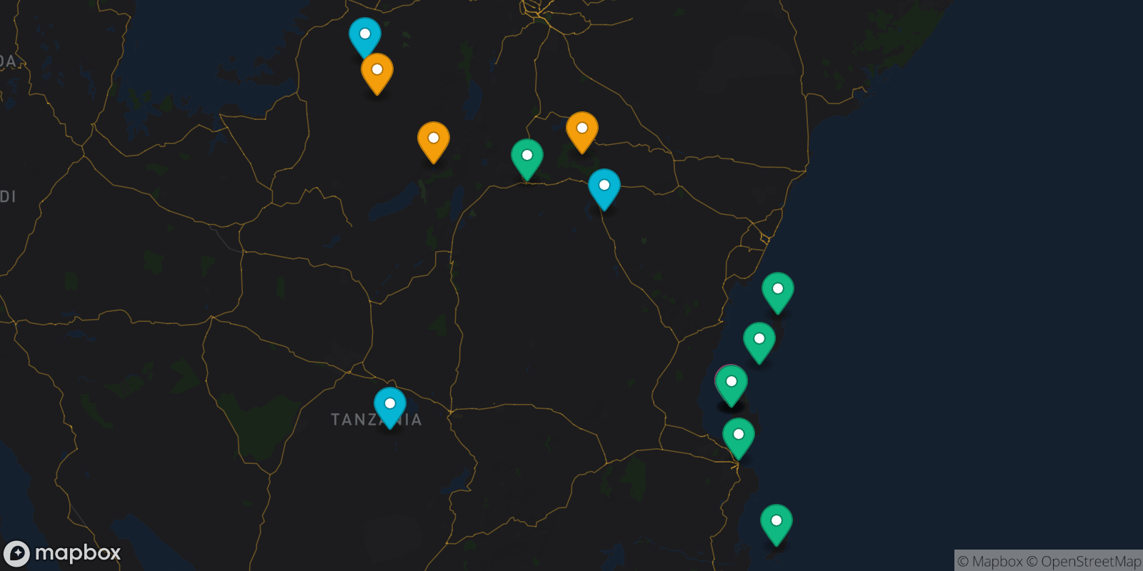 Map showing 15 destinations