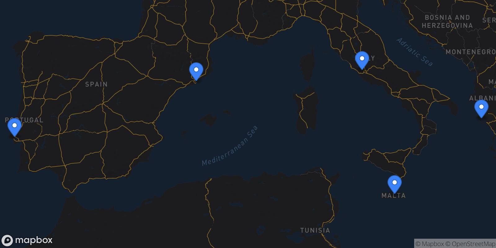 Map showing 5 destinations