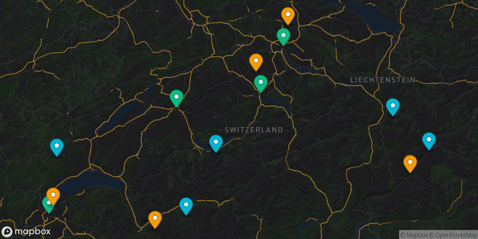 Map showing 14 destinations