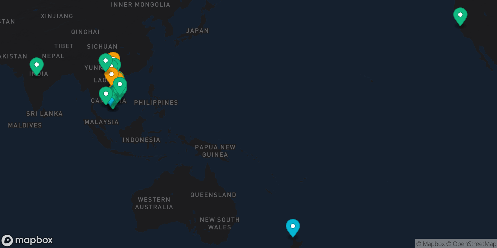 Map showing 21 destinations