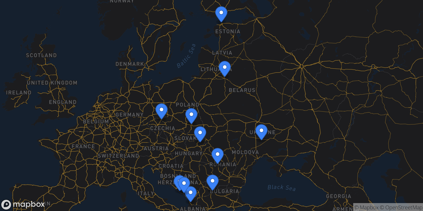 Map showing 11 destinations