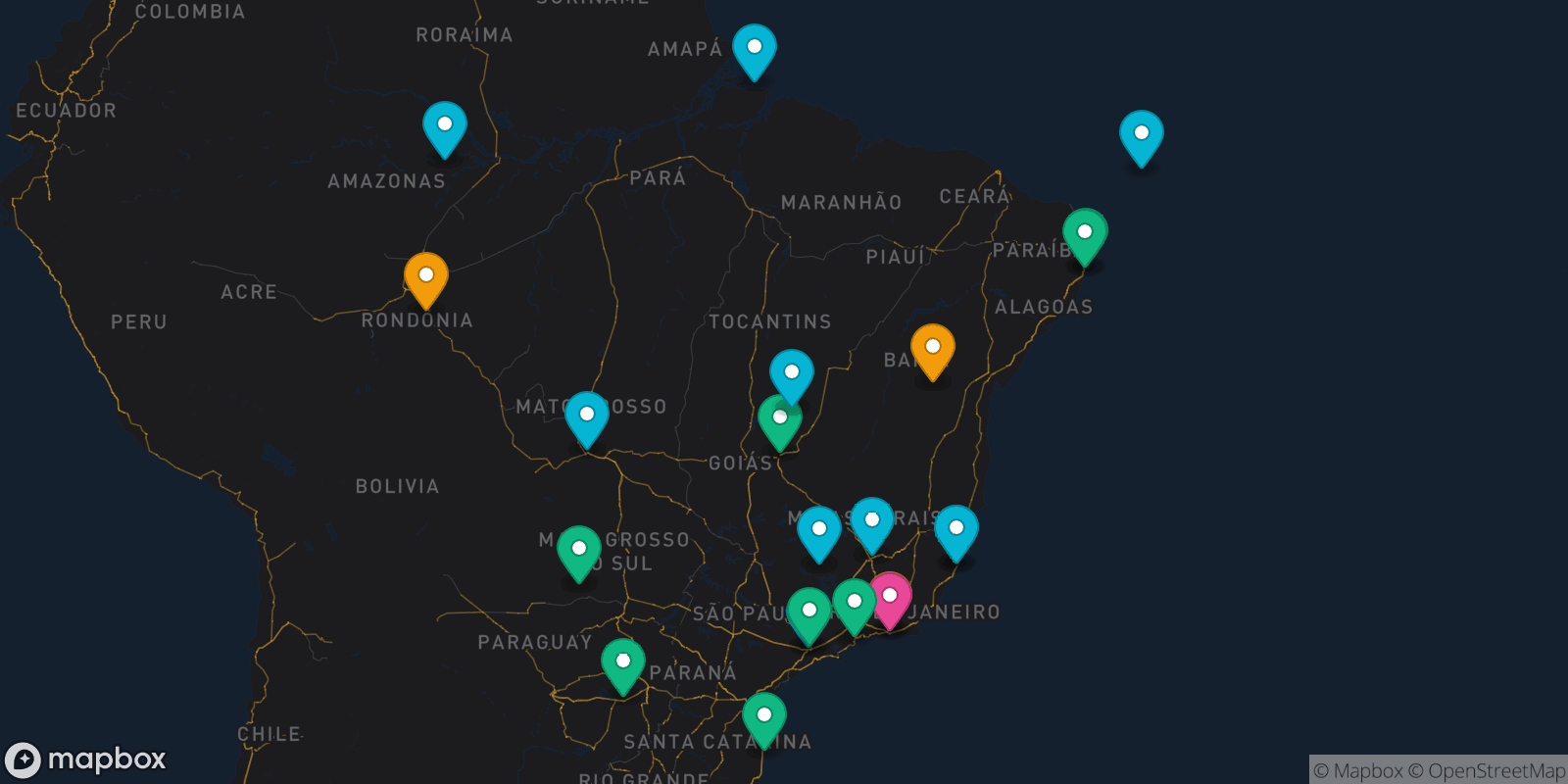 Map showing 22 destinations