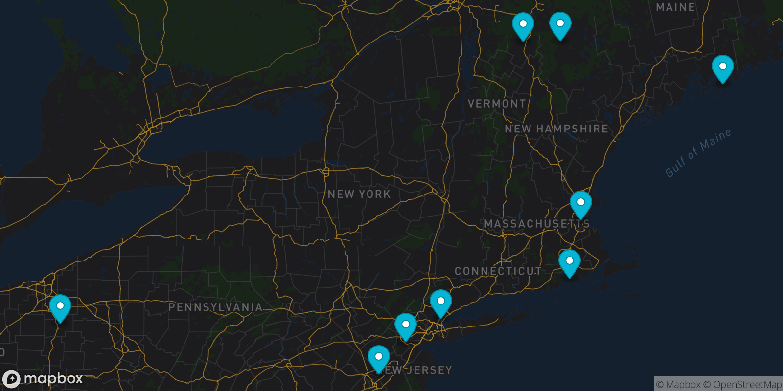 Map showing 9 destinations