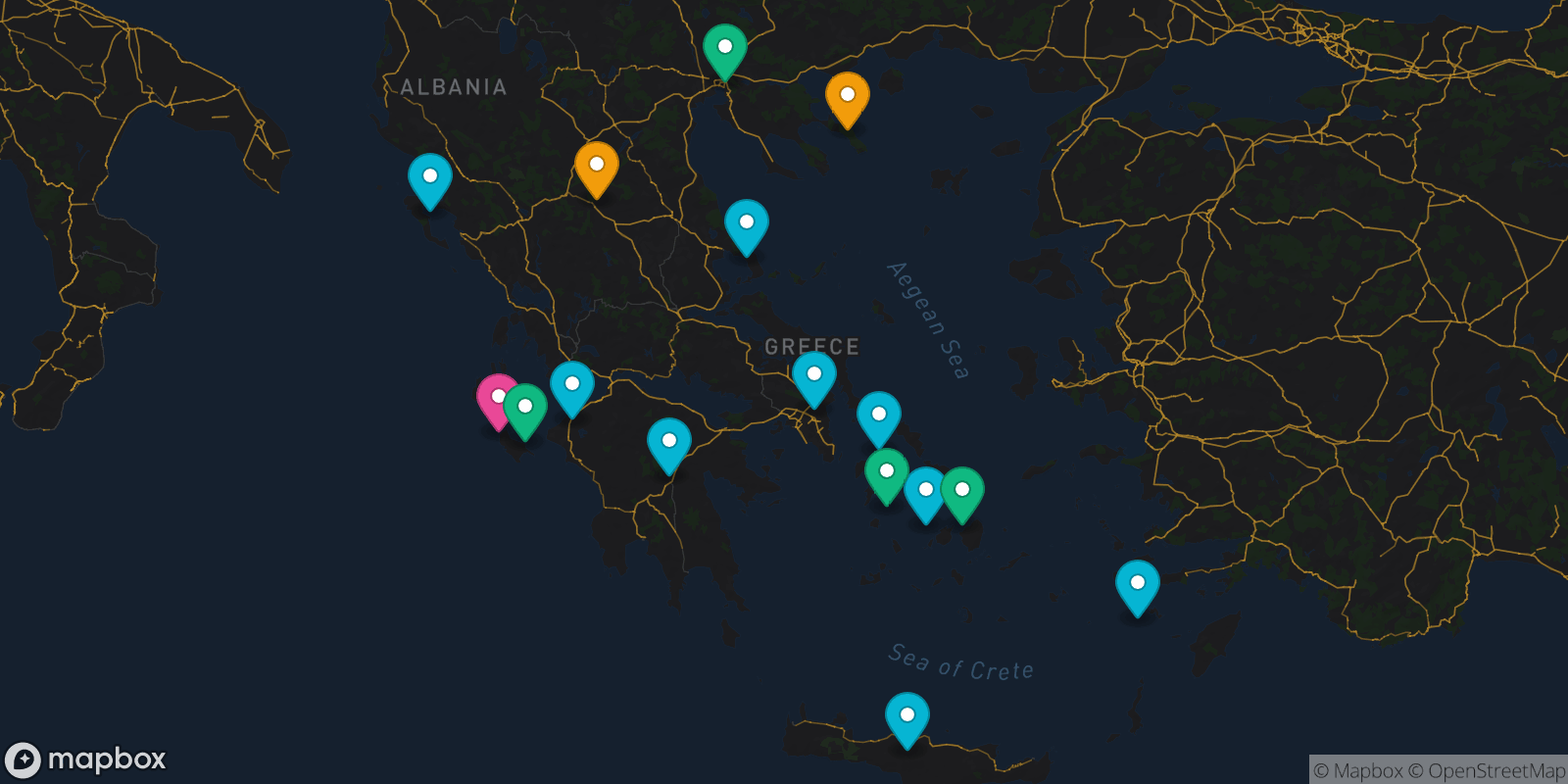 Map showing 16 destinations