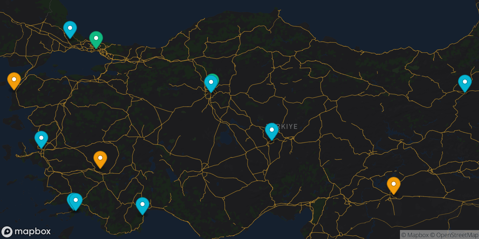 Map showing 13 destinations