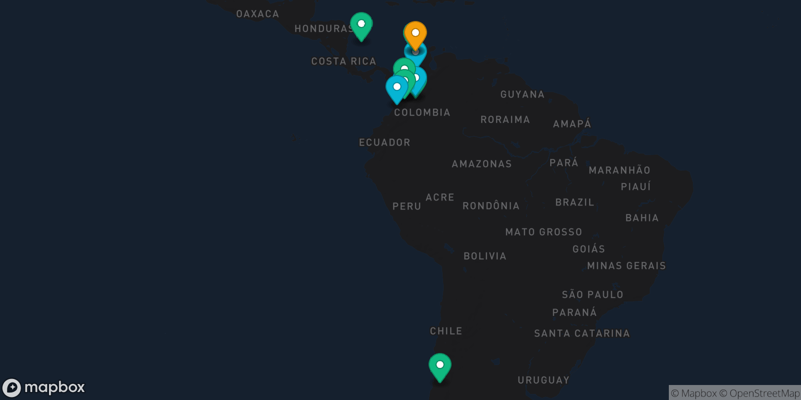 Map showing 14 destinations