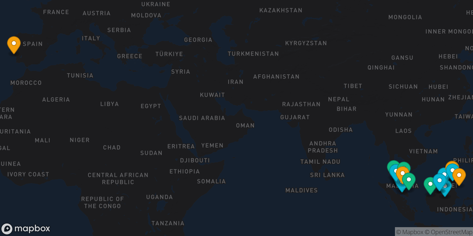 Map showing 22 destinations