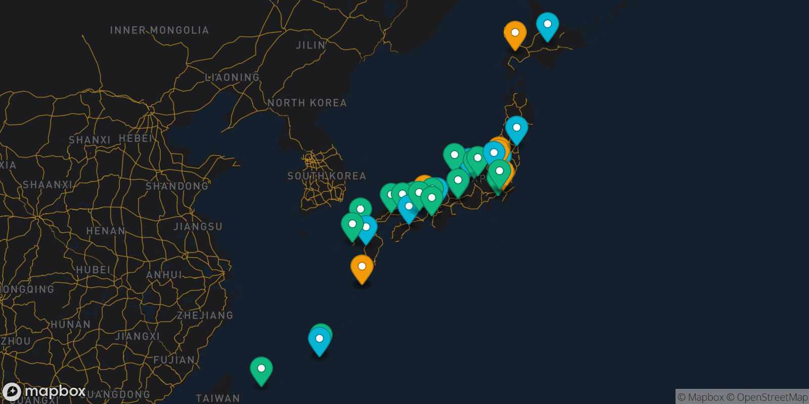 Map showing 34 destinations