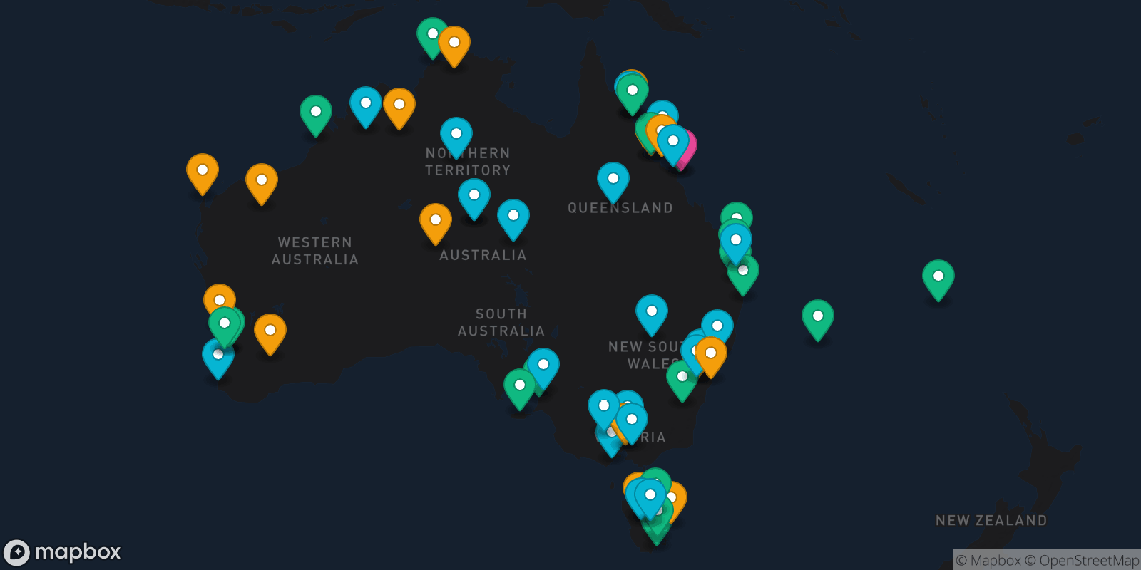 Map showing 58 destinations