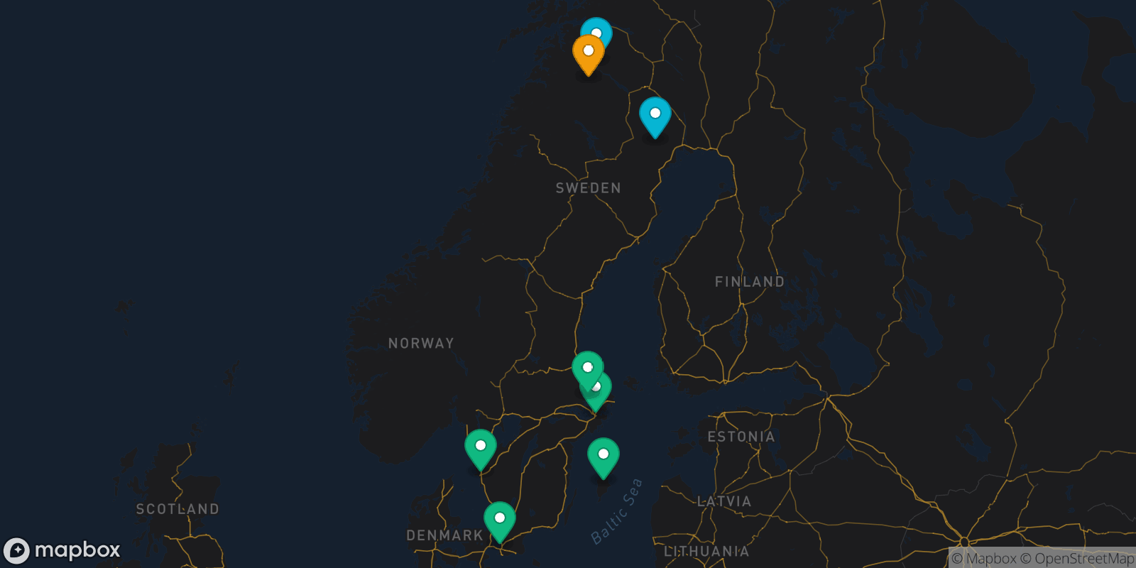 Map showing 8 destinations