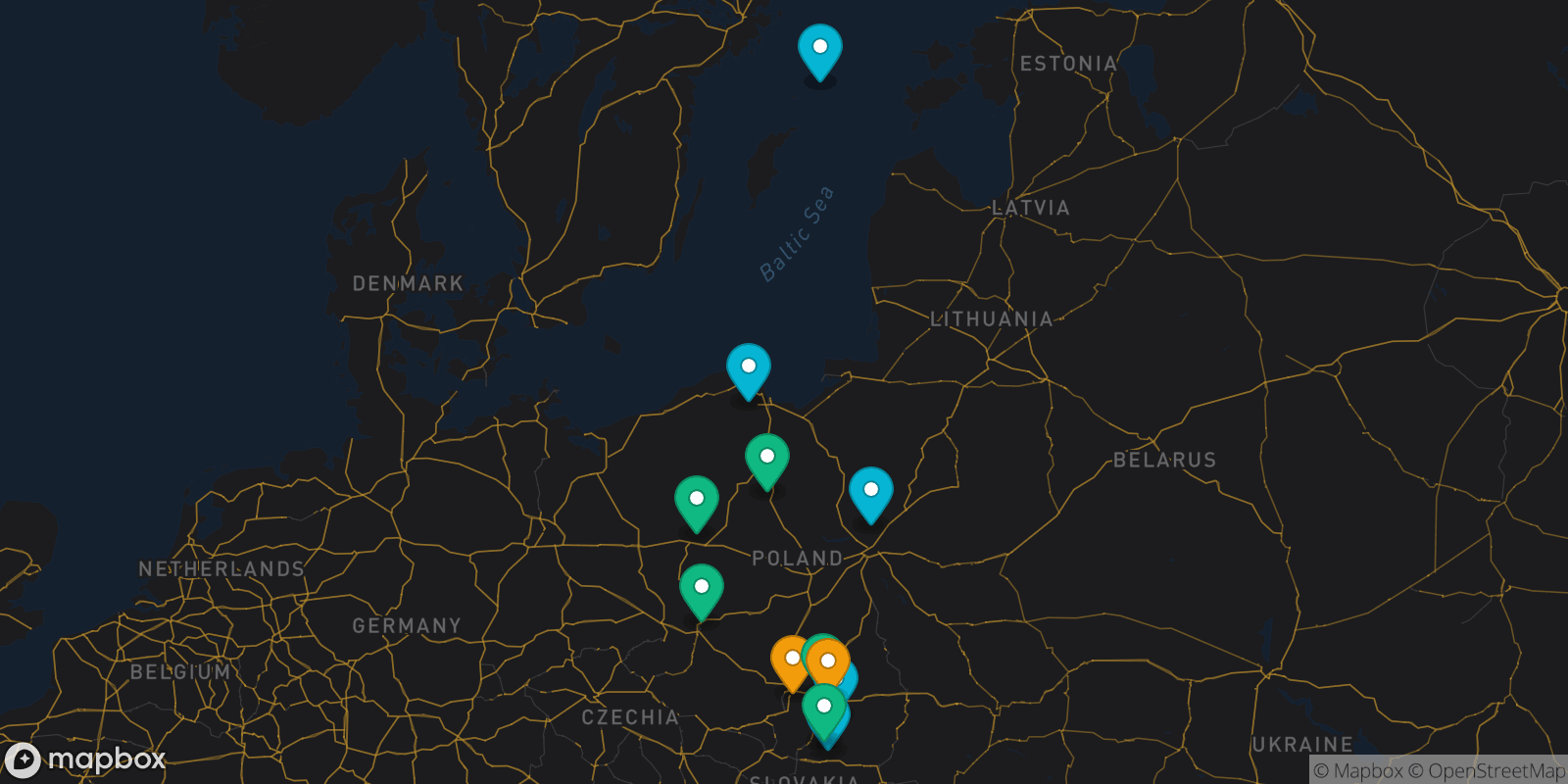 Map showing 12 destinations