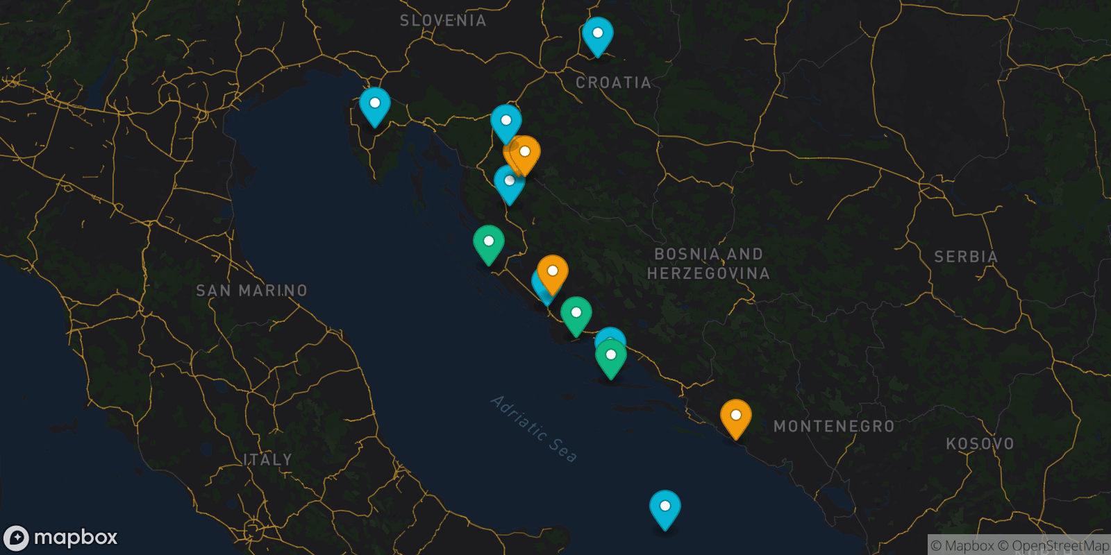 Map showing 14 destinations