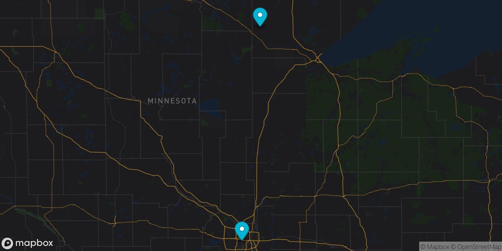 Map showing 2 destinations
