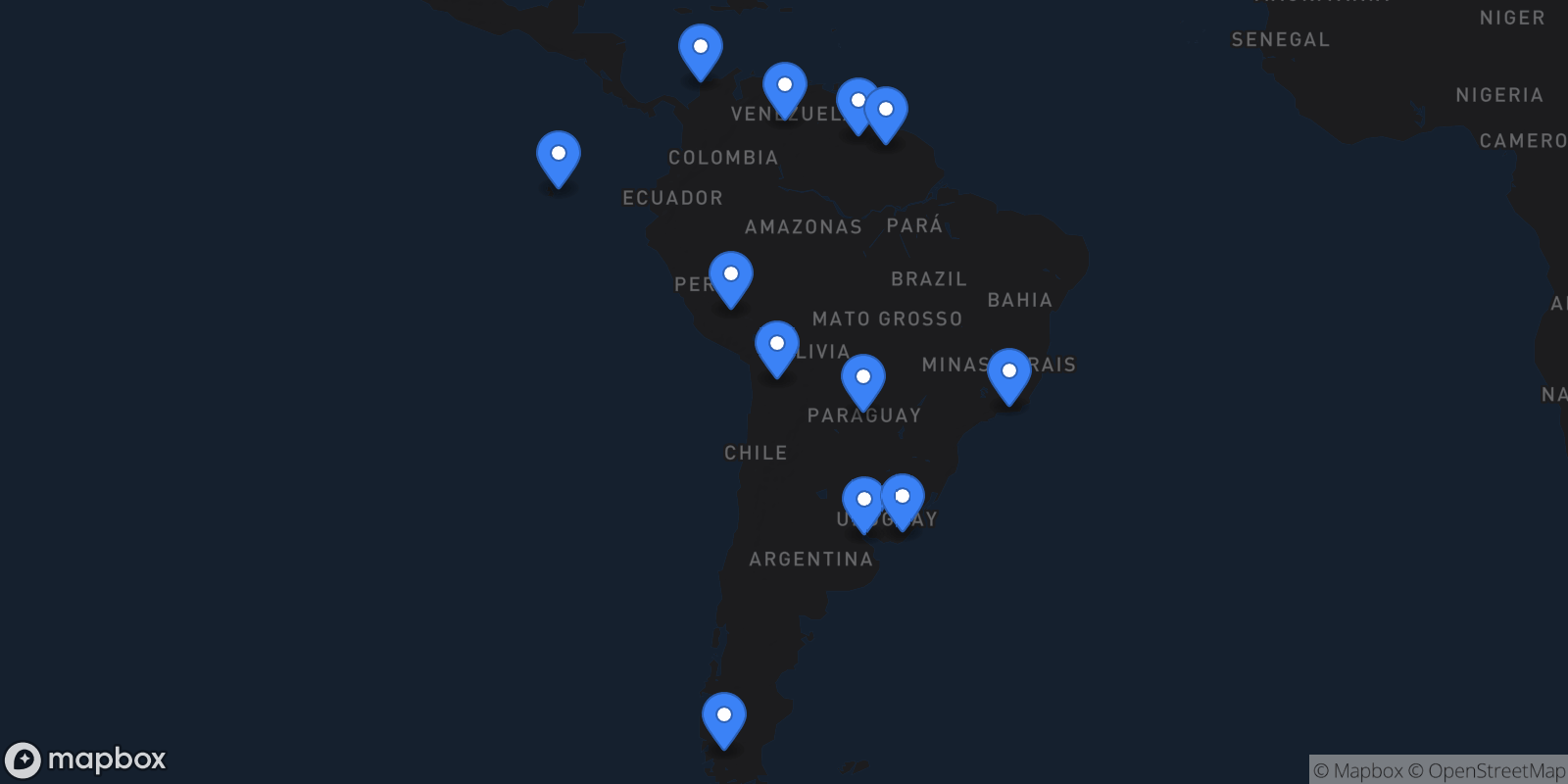 Map showing 12 destinations