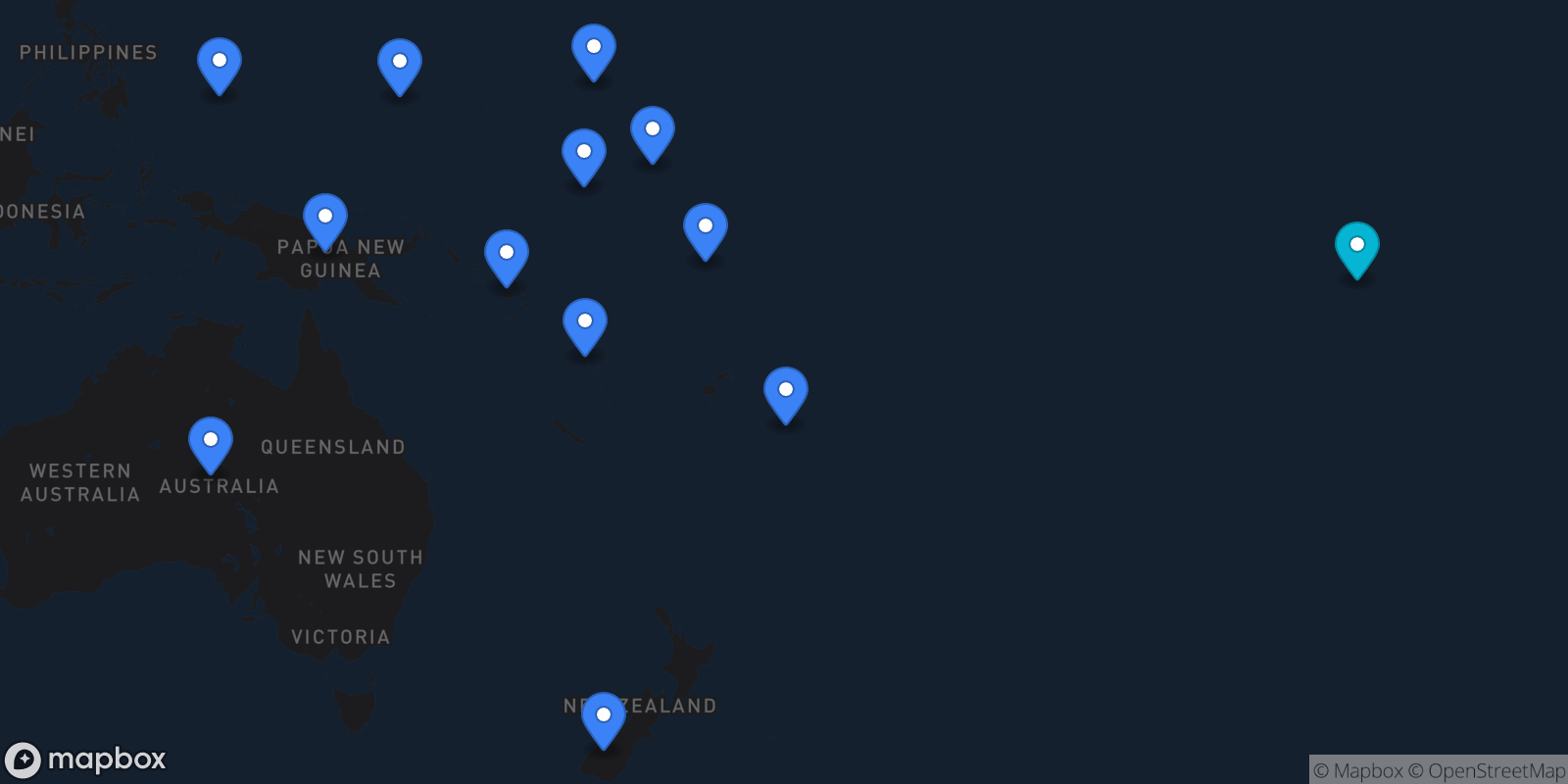 Map showing 13 destinations