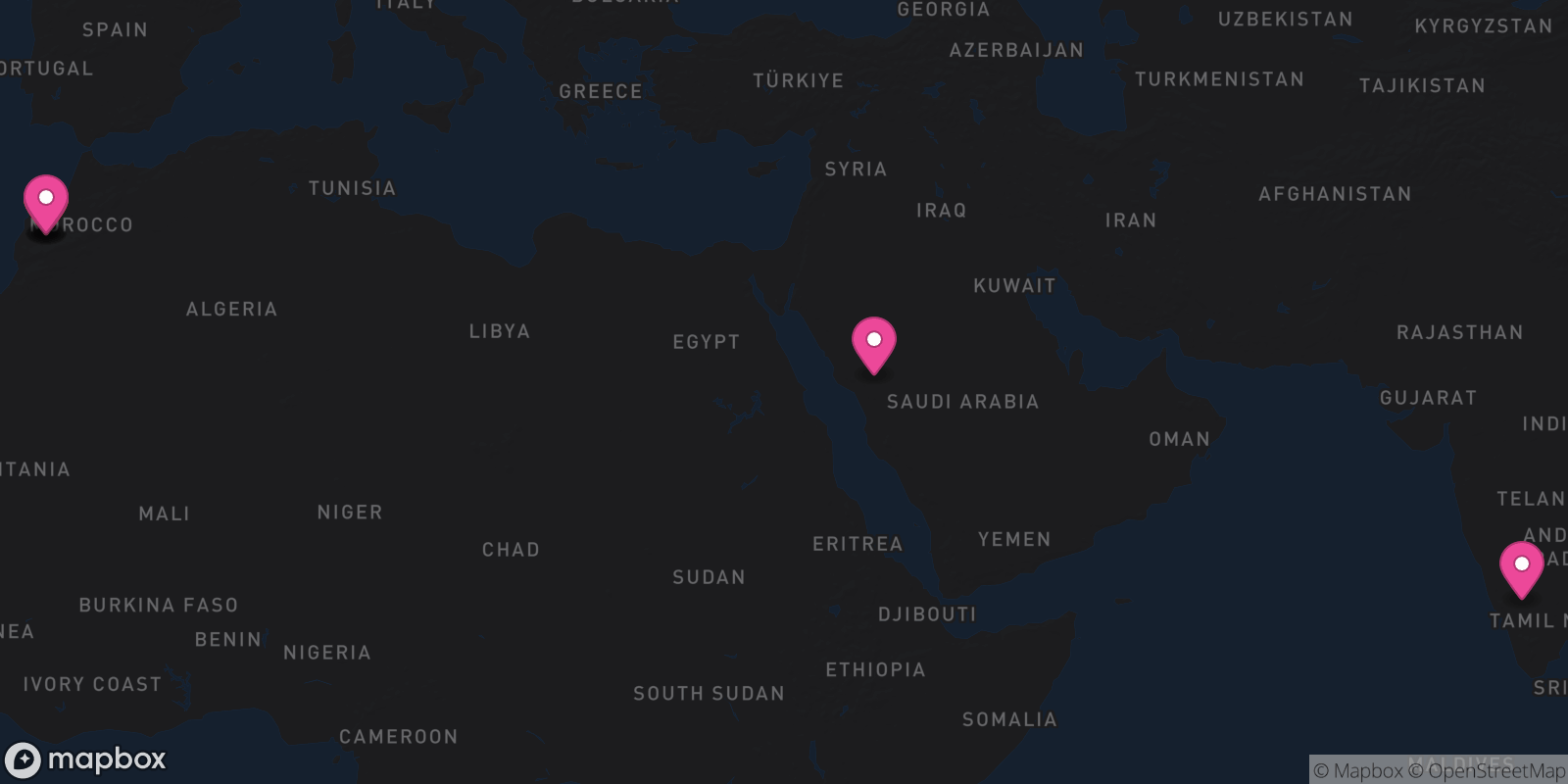 Map showing 6 destinations