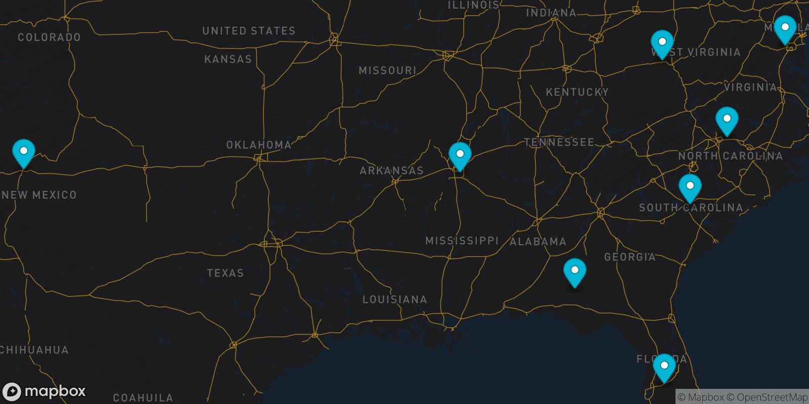 Map showing 8 destinations