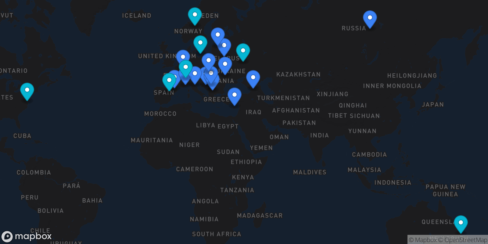 Map showing 22 destinations