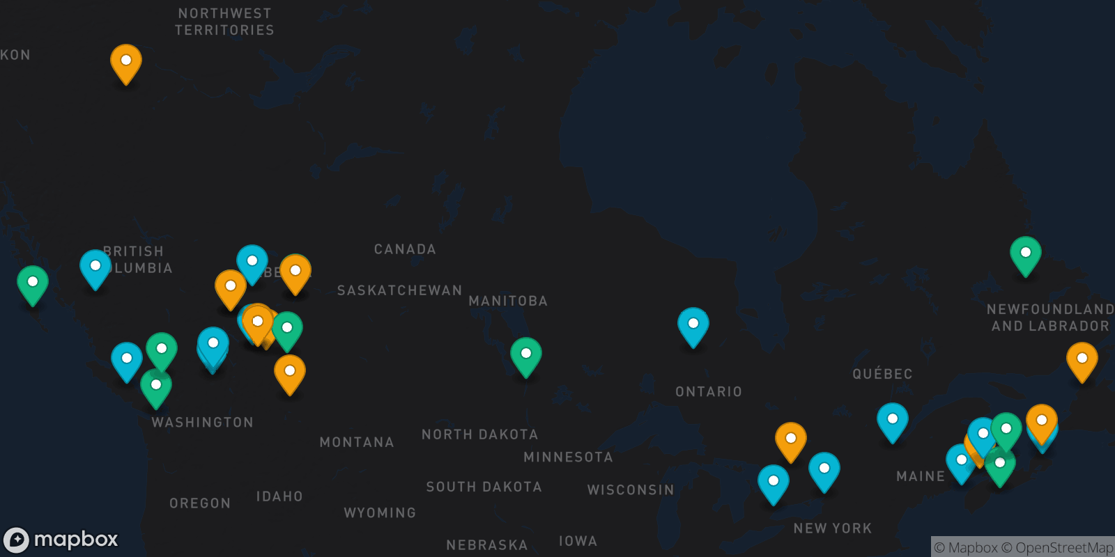 Map showing 34 destinations