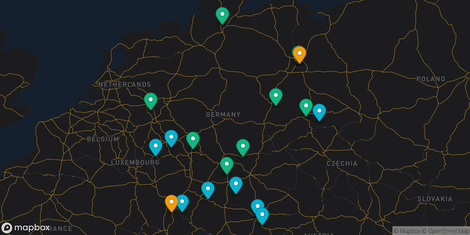 Map showing 19 destinations