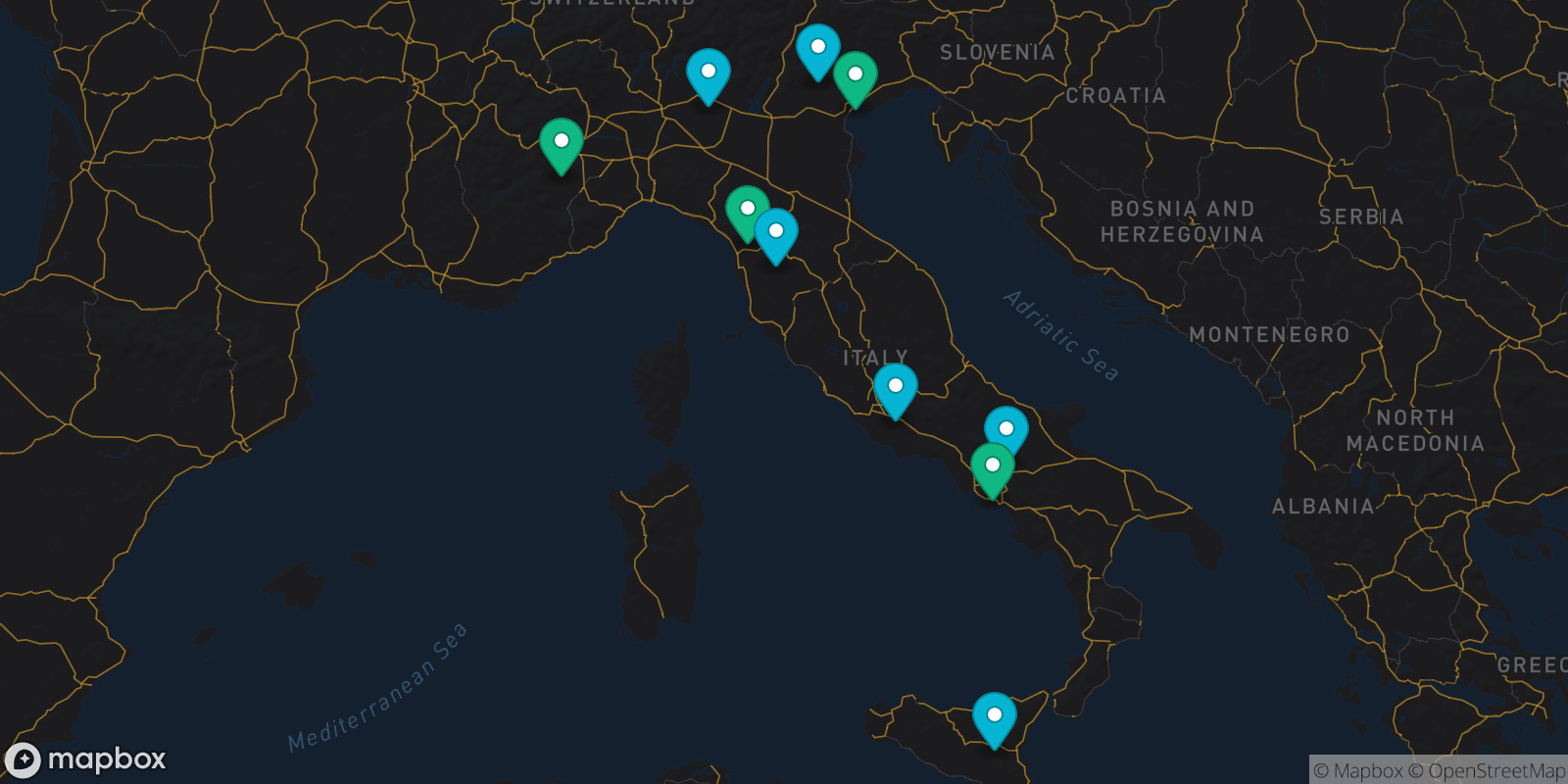 Map showing 10 destinations