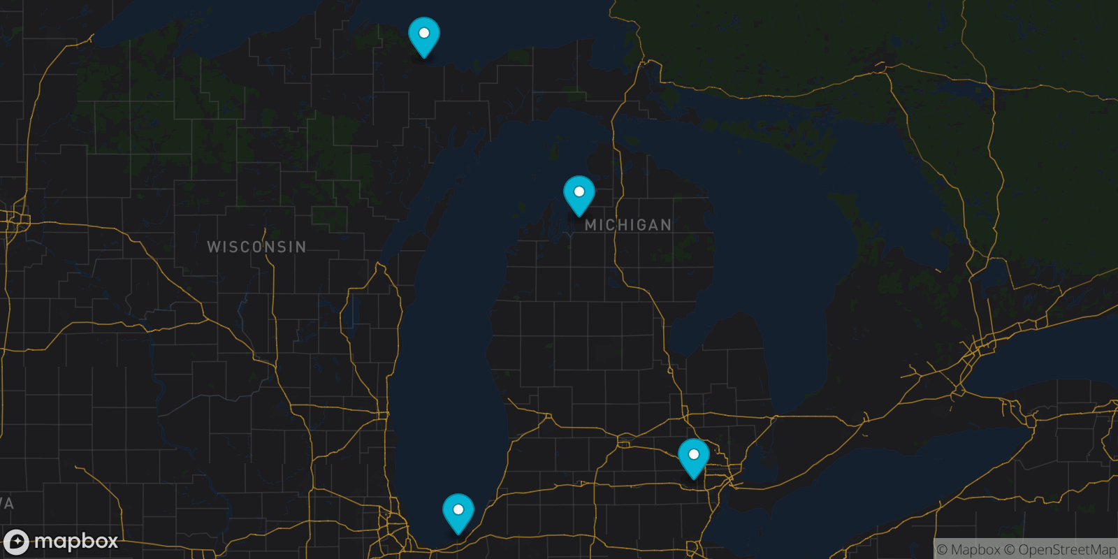 Map showing 4 destinations